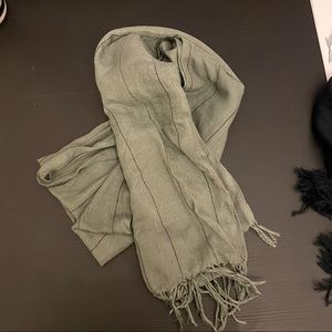 Olive green linen scarf with black grey stripes